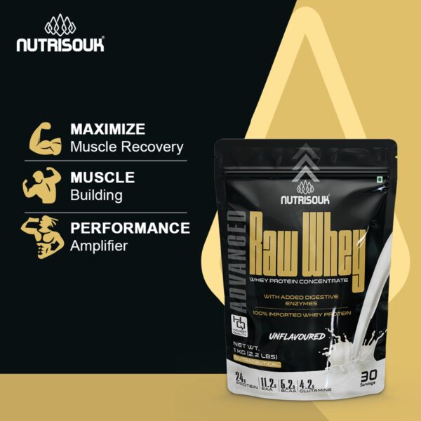 Raw Whey Protein 1 Kg (2.2 LBS) 30 Servings For Muscle Recovery & Strength, Unflavoured