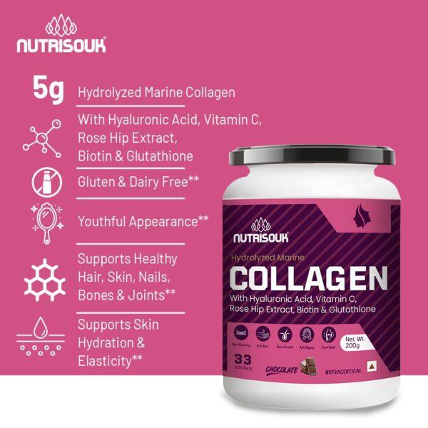Hydrolyzed Marine Collagen Powder 200g | With Hyaluronic Acid, Vitamin C, Biotin, Glutathione, Rose Hip Extract | Boost Skin, Hair & Joint Health