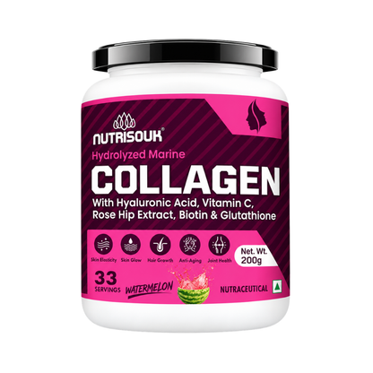 Hydrolyzed Marine Collagen Powder 200g | With Hyaluronic Acid, Vitamin C, Biotin, Glutathione, Rose Hip Extract | Boost Skin, Hair & Joint Health