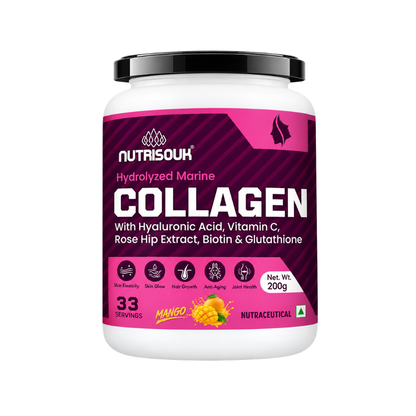 Hydrolyzed Marine Collagen Powder 200g | With Hyaluronic Acid, Vitamin C, Biotin, Glutathione, Rose Hip Extract | Boost Skin, Hair & Joint Health