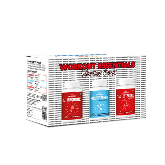 Workout Starter Pack | Workout Support with Multivitamin Omega 3 Fatty Acids, Testosterone Booster, L-Arginine, 30 Each