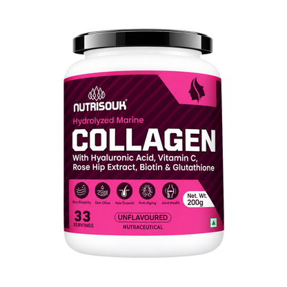 Hydrolyzed Marine Collagen Powder 200g | With Hyaluronic Acid, Vitamin C, Biotin, Glutathione, Rose Hip Extract | Boost Skin, Hair & Joint Health