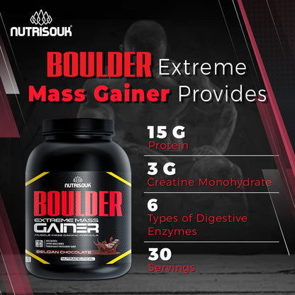 Boulder Mass Gainer 3 Kg (6.6 LBS) 30 Servings, with 15 g Protein, Creatine & Taurine
