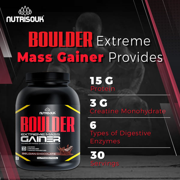 Boulder Mass Gainer 3 Kg (6.6 LBS) 30 Servings, with 15 g Protein, Creatine & Taurine