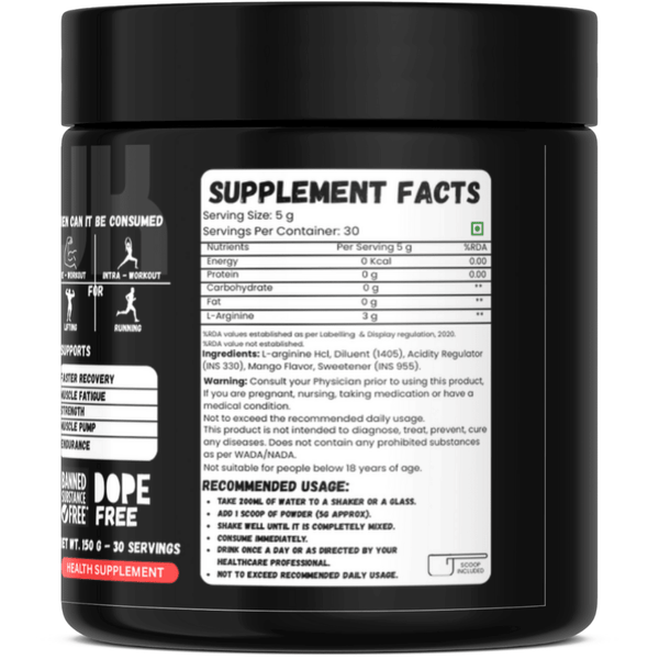 L-Arginine Powder, Pre-workout | Nitric Oxide Booster, Improves Blood Circulation