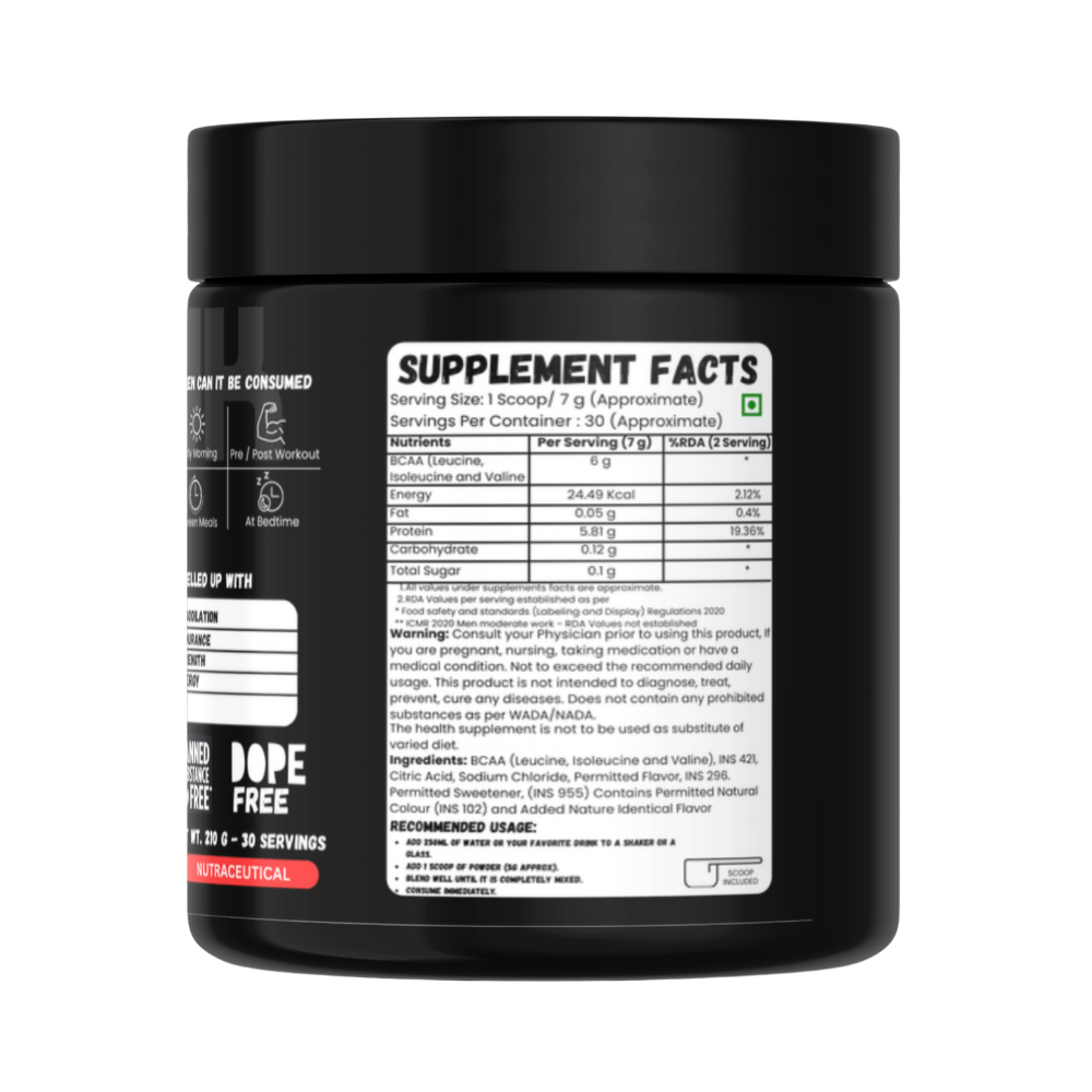 BCAA Powder 2:1:1, Branched Chain Amino Acids, BCAAs, 30 Servings, 210 g