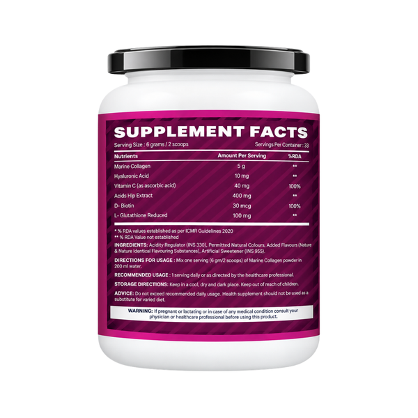Hydrolyzed Marine Collagen Powder 200g | With Hyaluronic Acid, Vitamin C, Biotin, Glutathione, Rose Hip Extract | Boost Skin, Hair & Joint Health