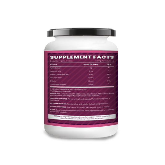 Hydrolyzed Marine Collagen Powder 200g | With Hyaluronic Acid, Vitamin C, Biotin, Glutathione, Rose Hip Extract | Boost Skin, Hair & Joint Health