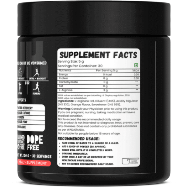 L-Arginine Powder, Pre-workout | Nitric Oxide Booster, Improves Blood Circulation