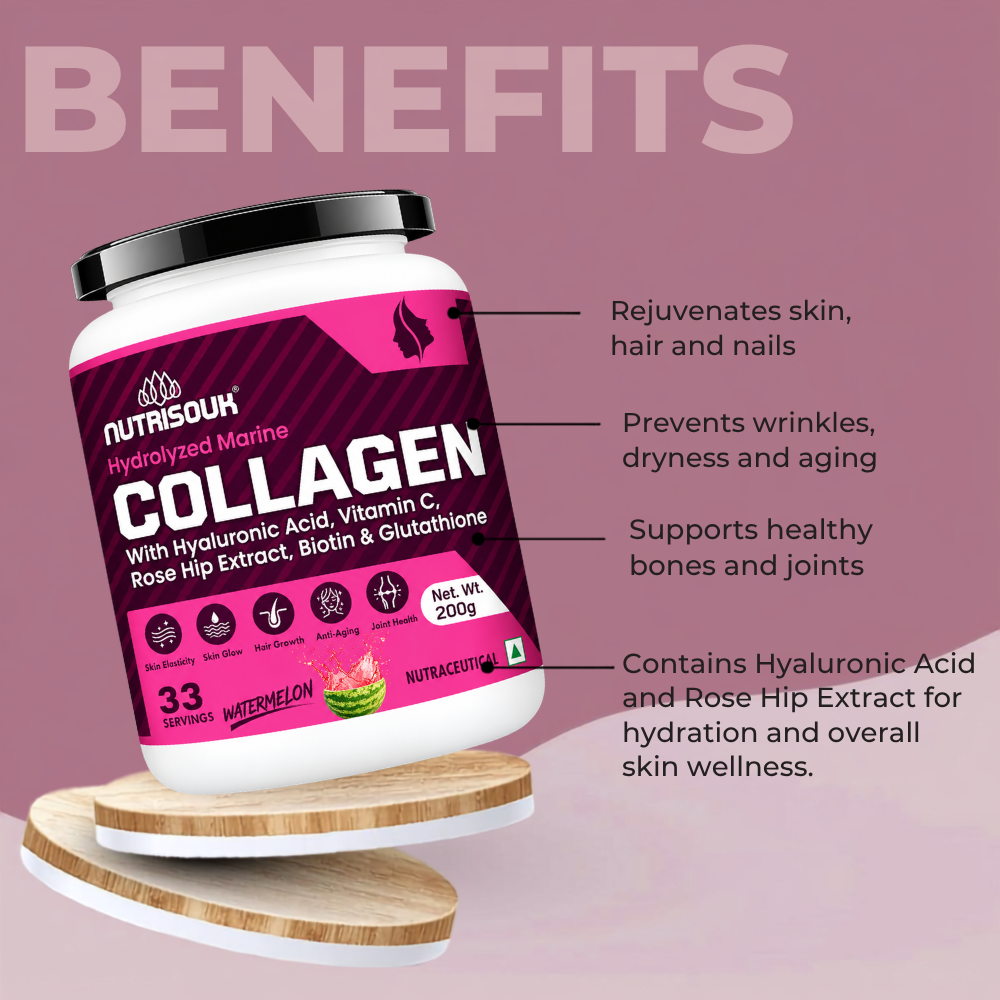 Hydrolyzed Marine Collagen Powder 200g | With Hyaluronic Acid, Vitamin C, Biotin, Glutathione, Rose Hip Extract | Boost Skin, Hair & Joint Health