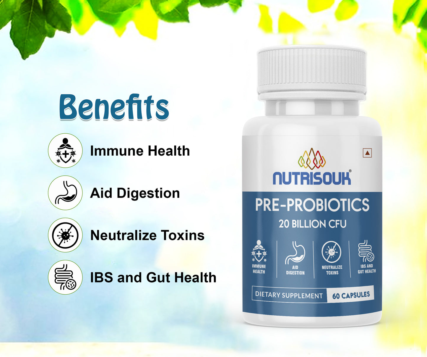 Pre - Probiotics 15 Billion CFUs, 60 Capsules | Immune Gut Health, Multi-Strains, Targeted Release