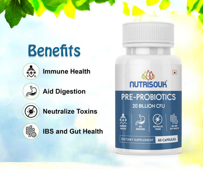 Pre - Probiotics 15 Billion CFUs, 60 Capsules | Immune Gut Health, Multi-Strains, Targeted Release