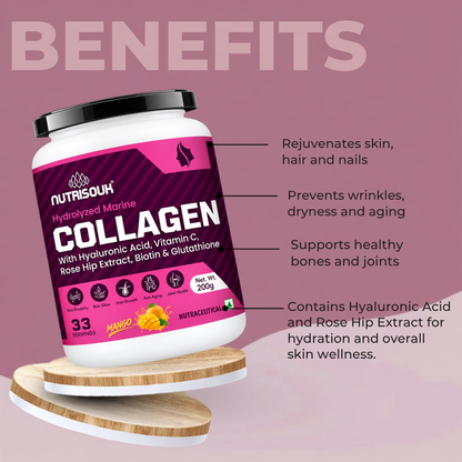 Hydrolyzed Marine Collagen Powder 200g | With Hyaluronic Acid, Vitamin C, Biotin, Glutathione, Rose Hip Extract | Boost Skin, Hair & Joint Health