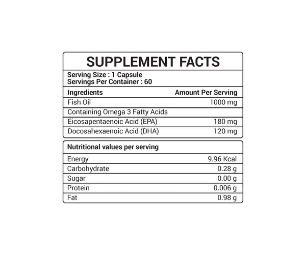 Fish Oil 60 Capsules, Omega 3 Fatty Acids | Support Heart, Brain, Skin, Hair & Eye Health 180 mg EPA & 120 mg DHA