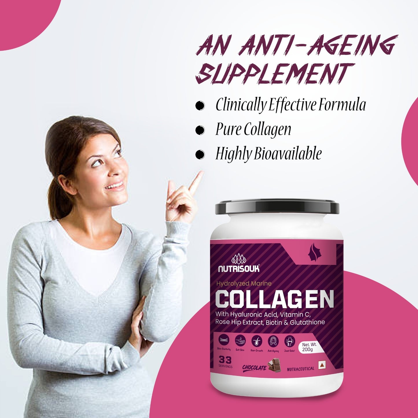 Hydrolyzed Marine Collagen Powder 200g | With Hyaluronic Acid, Vitamin C, Biotin, Glutathione, Rose Hip Extract | Boost Skin, Hair & Joint Health