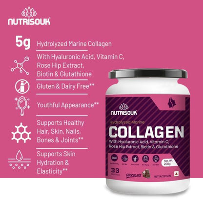 Hydrolyzed Marine Collagen Powder 200g | With Hyaluronic Acid, Vitamin C, Biotin, Glutathione, Rose Hip Extract | Boost Skin, Hair & Joint Health